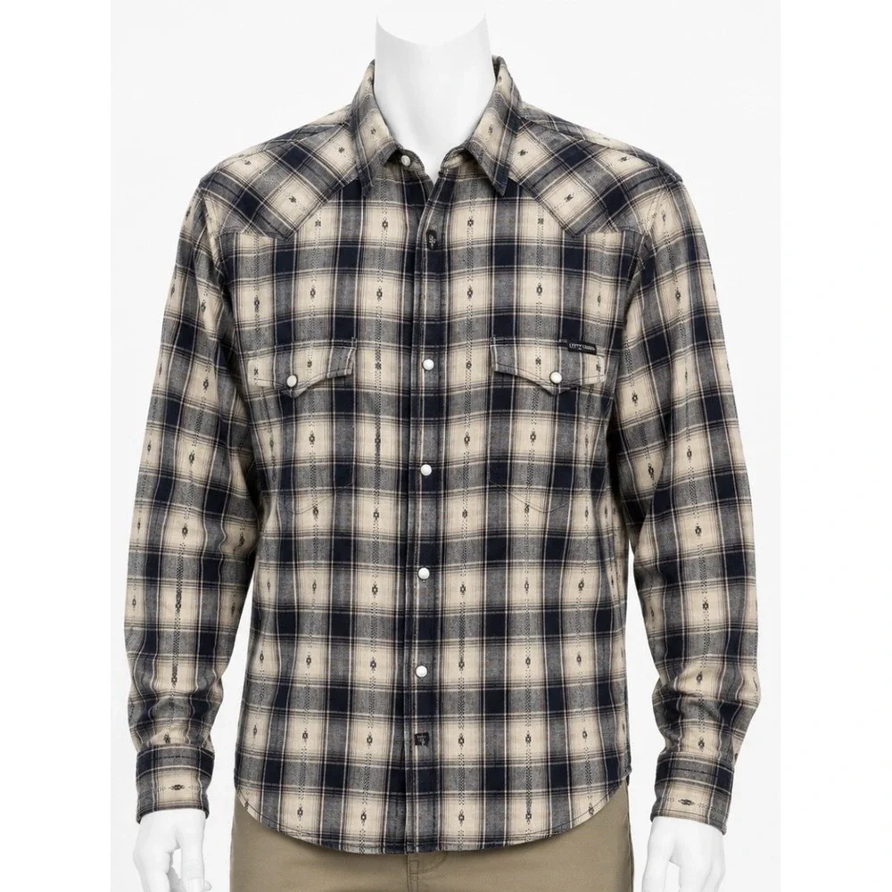 LUCKY BRAND Men's Long Sleeve Shirt Jacket Tan Black Snaps Small S Western Vibe